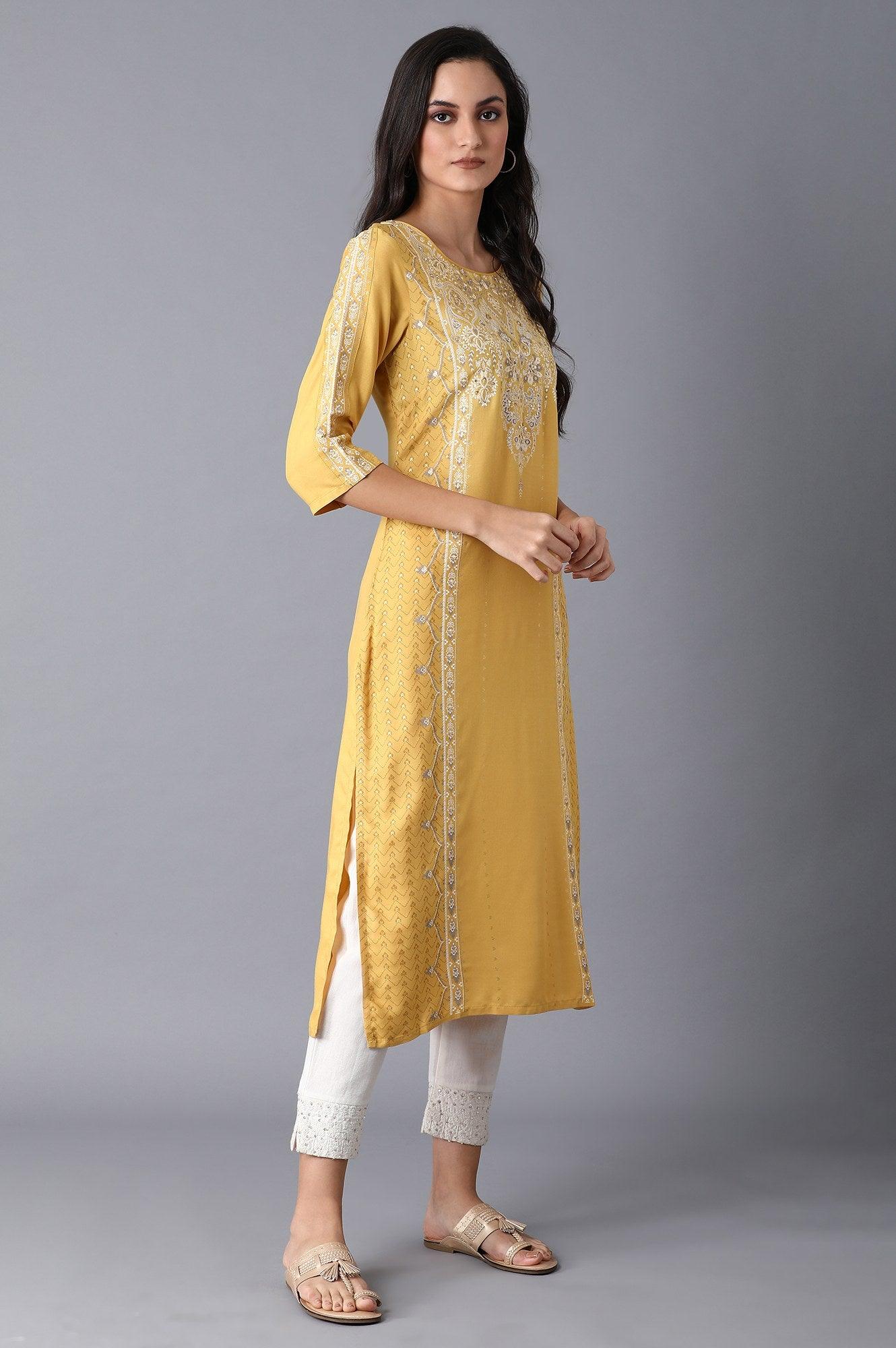 Yellow Placement Print kurta - wforwoman