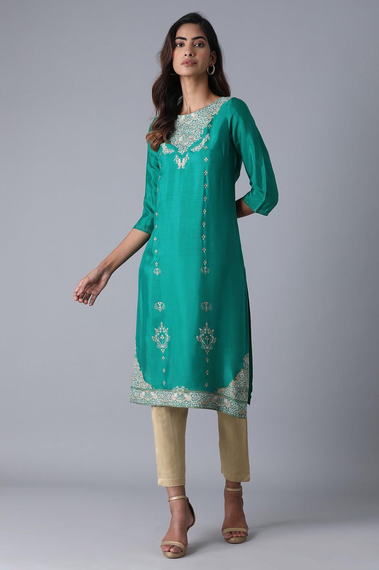 Leafy Green Placement Print kurta - wforwoman