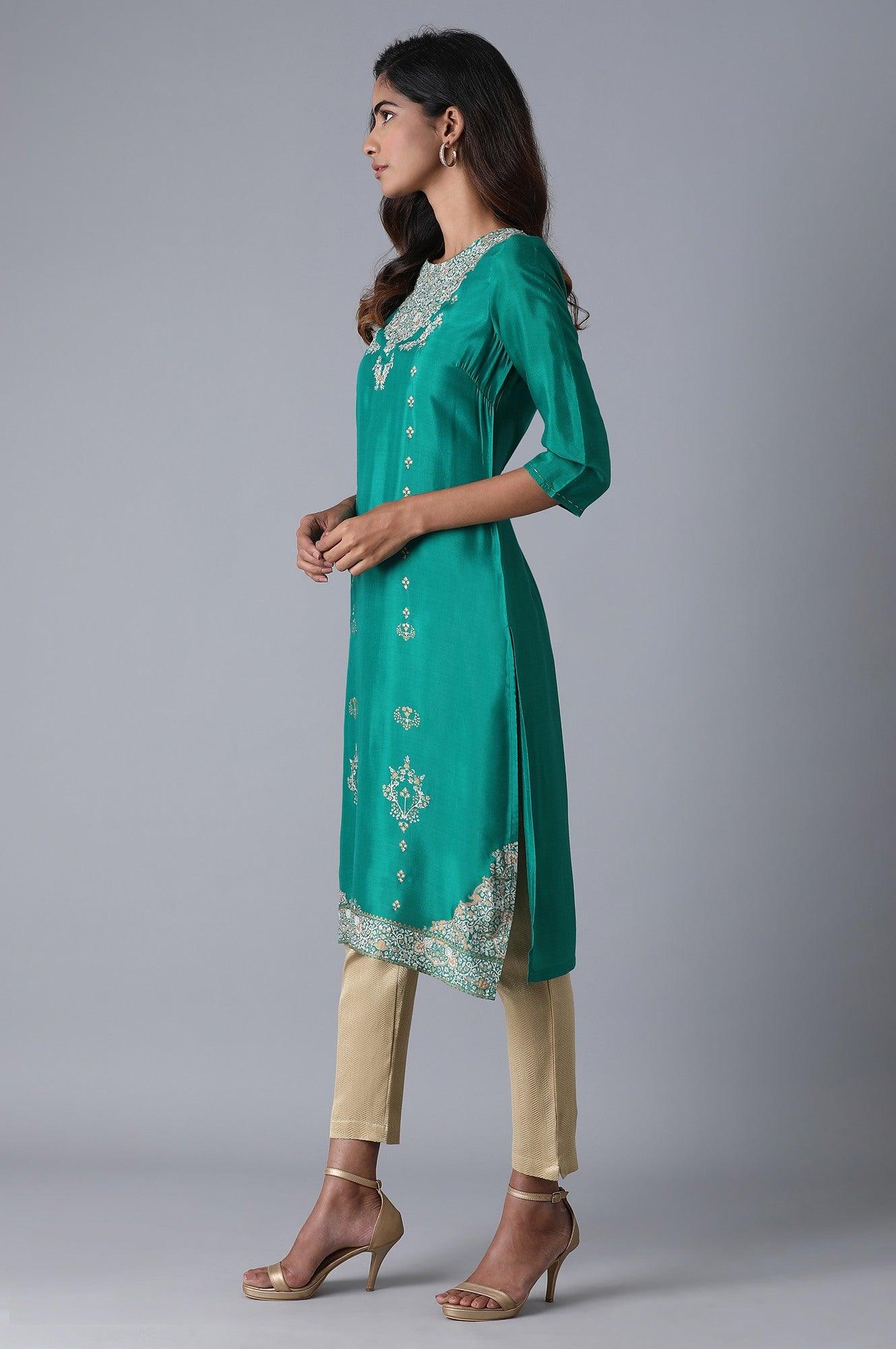 Leafy Green Placement Print kurta - wforwoman