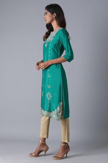 Leafy Green Placement Print kurta - wforwoman