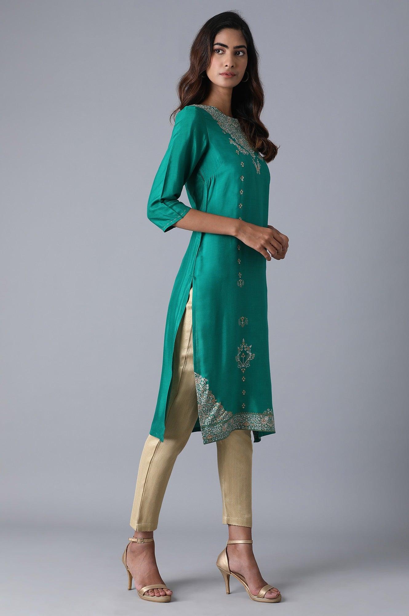 Leafy Green Placement Print kurta - wforwoman
