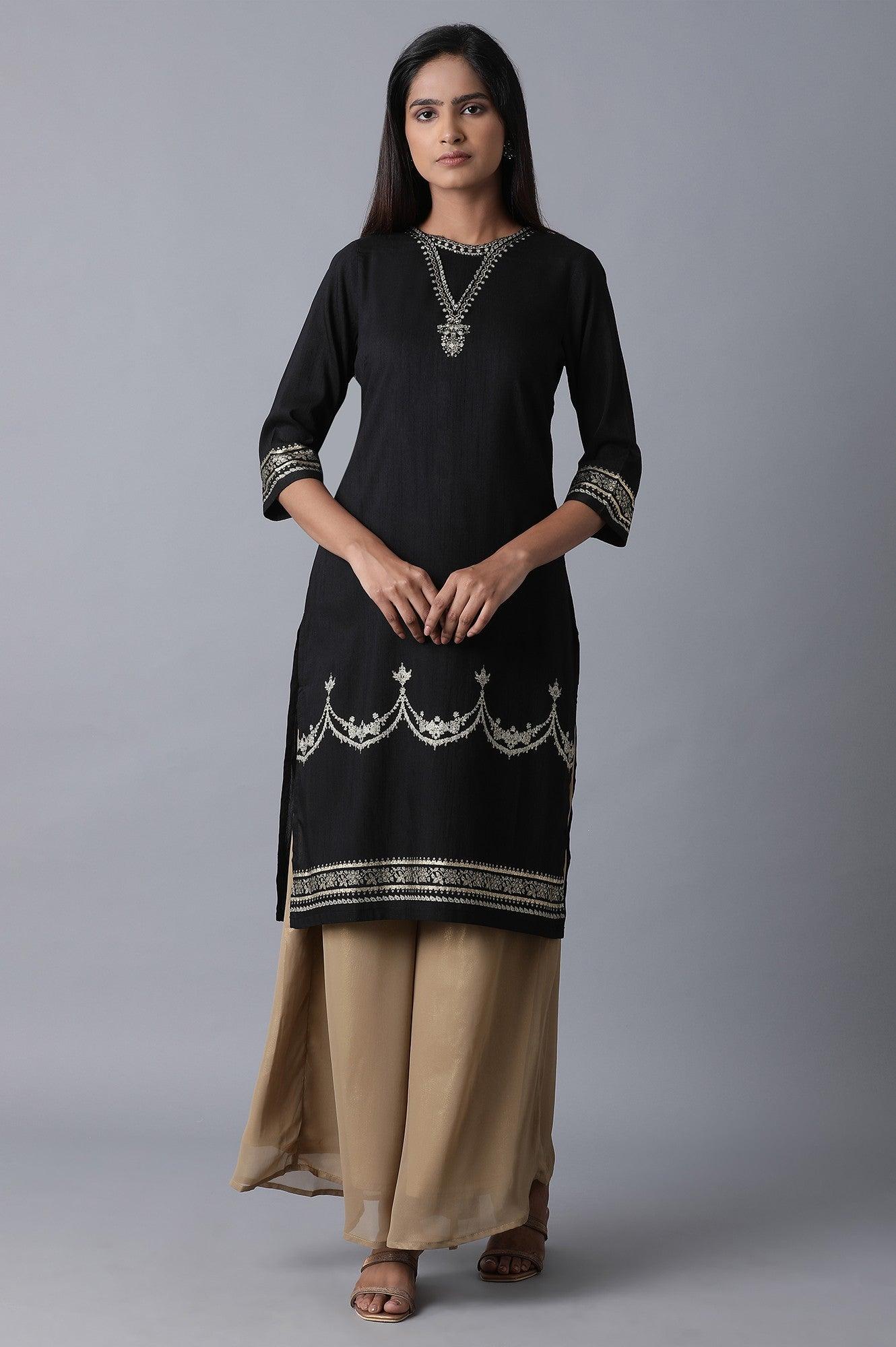 Black Placement Print kurta - wforwoman