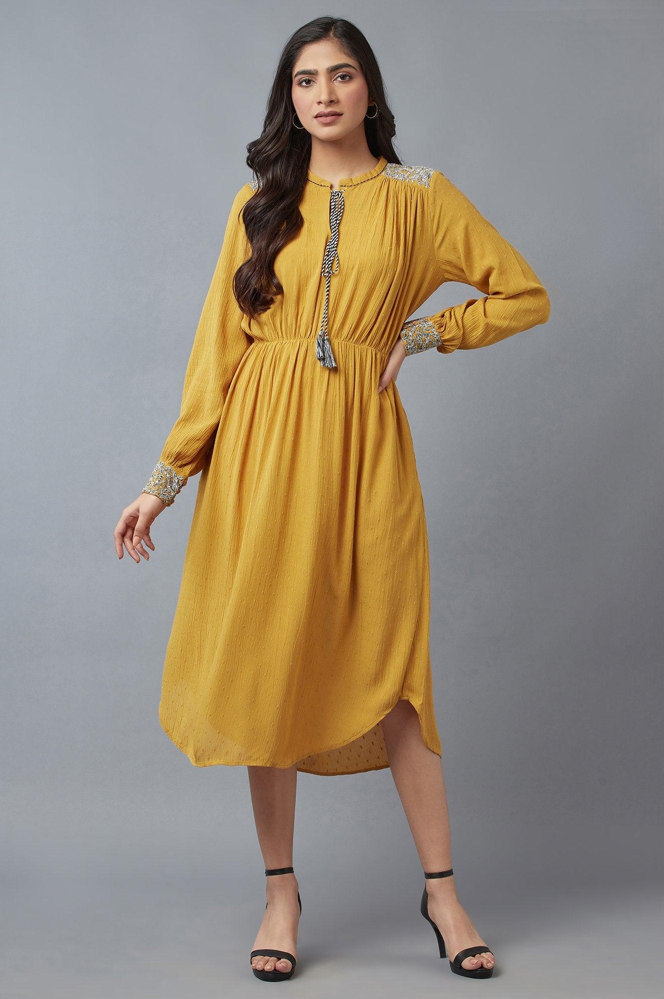 Mustard A-Line Dress With Tassle Tie-Up - wforwoman