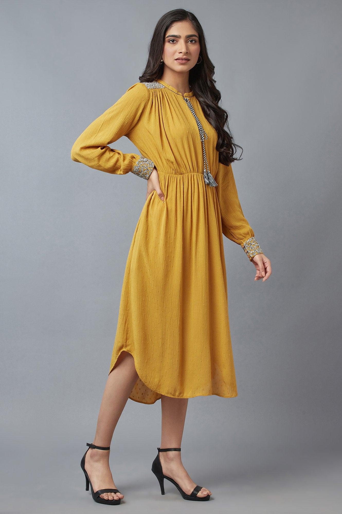 Mustard A-Line Dress With Tassle Tie-Up - wforwoman