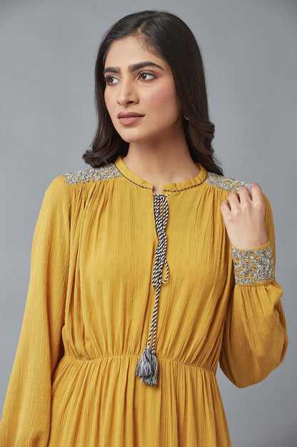 Mustard A-Line Dress With Tassle Tie-Up - wforwoman
