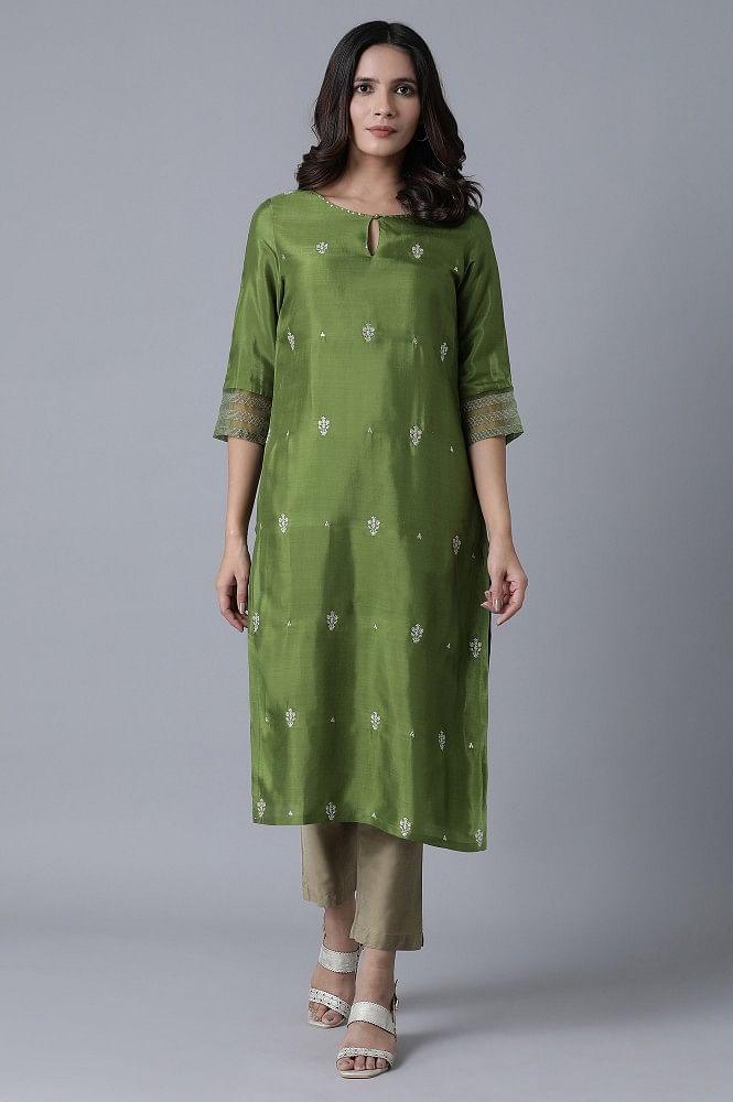 Green Embroidered kurta - wforwoman