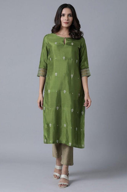 Green Embroidered kurta - wforwoman
