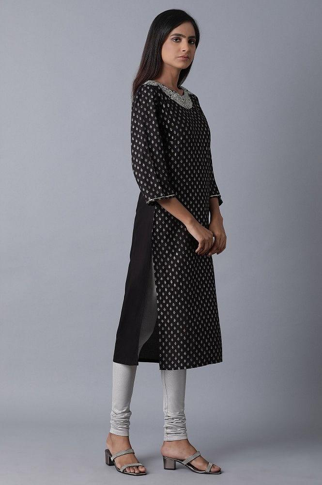 Black Glitter Printed kurta - wforwoman