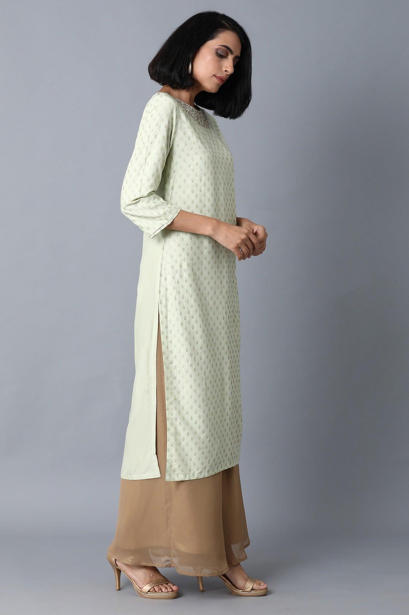 Mint Green Glitter Printed kurta - wforwoman