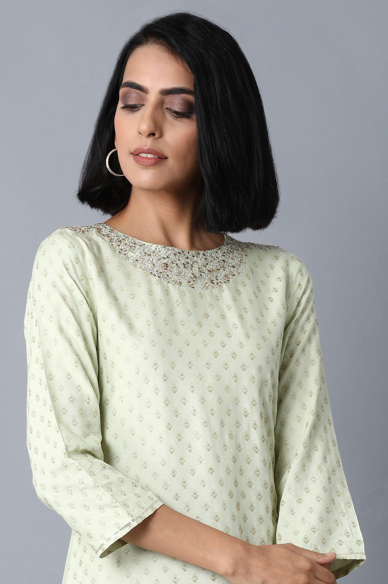 Mint Green Glitter Printed kurta - wforwoman