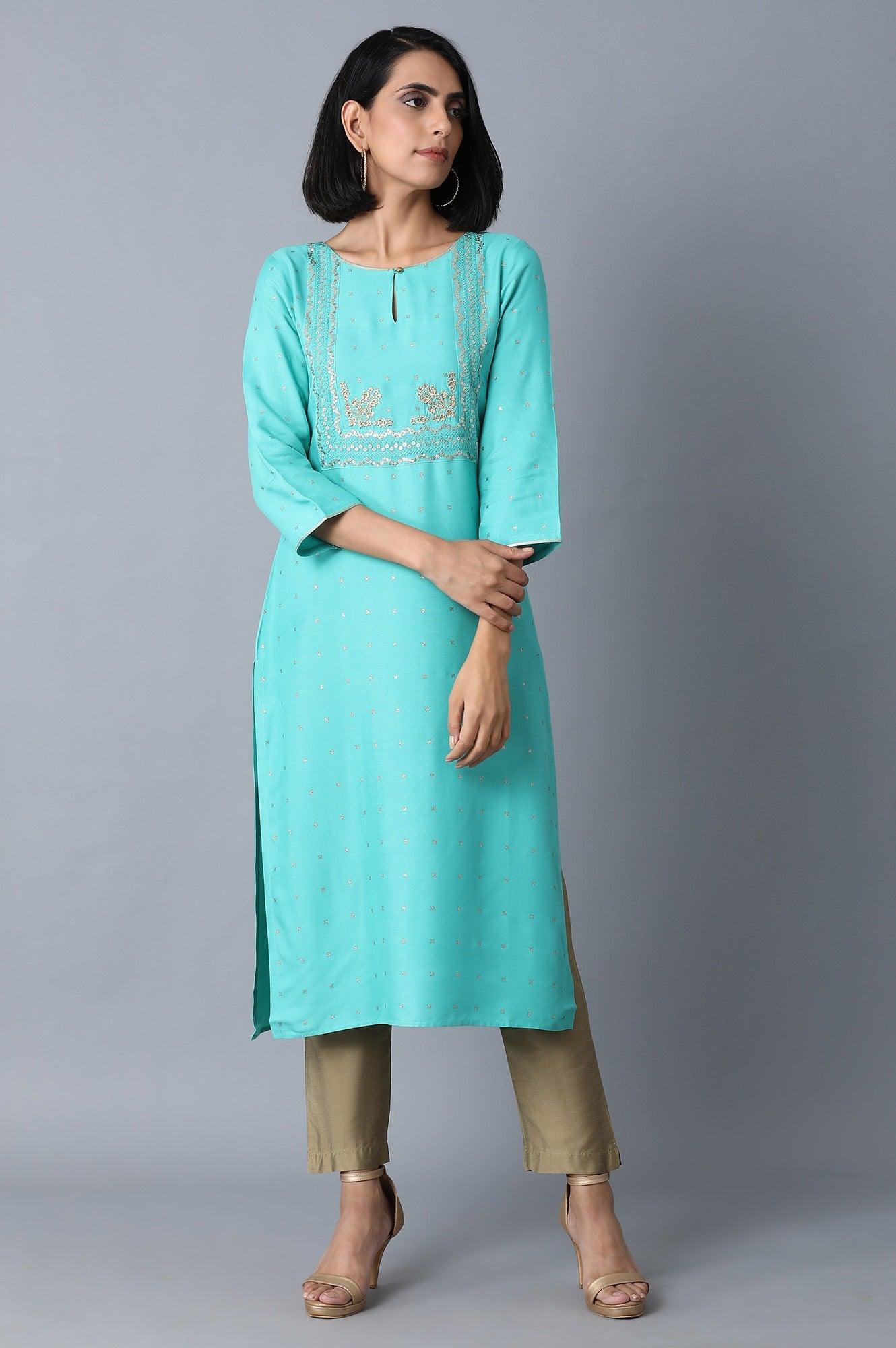 Green Glitter Printed kurta - wforwoman