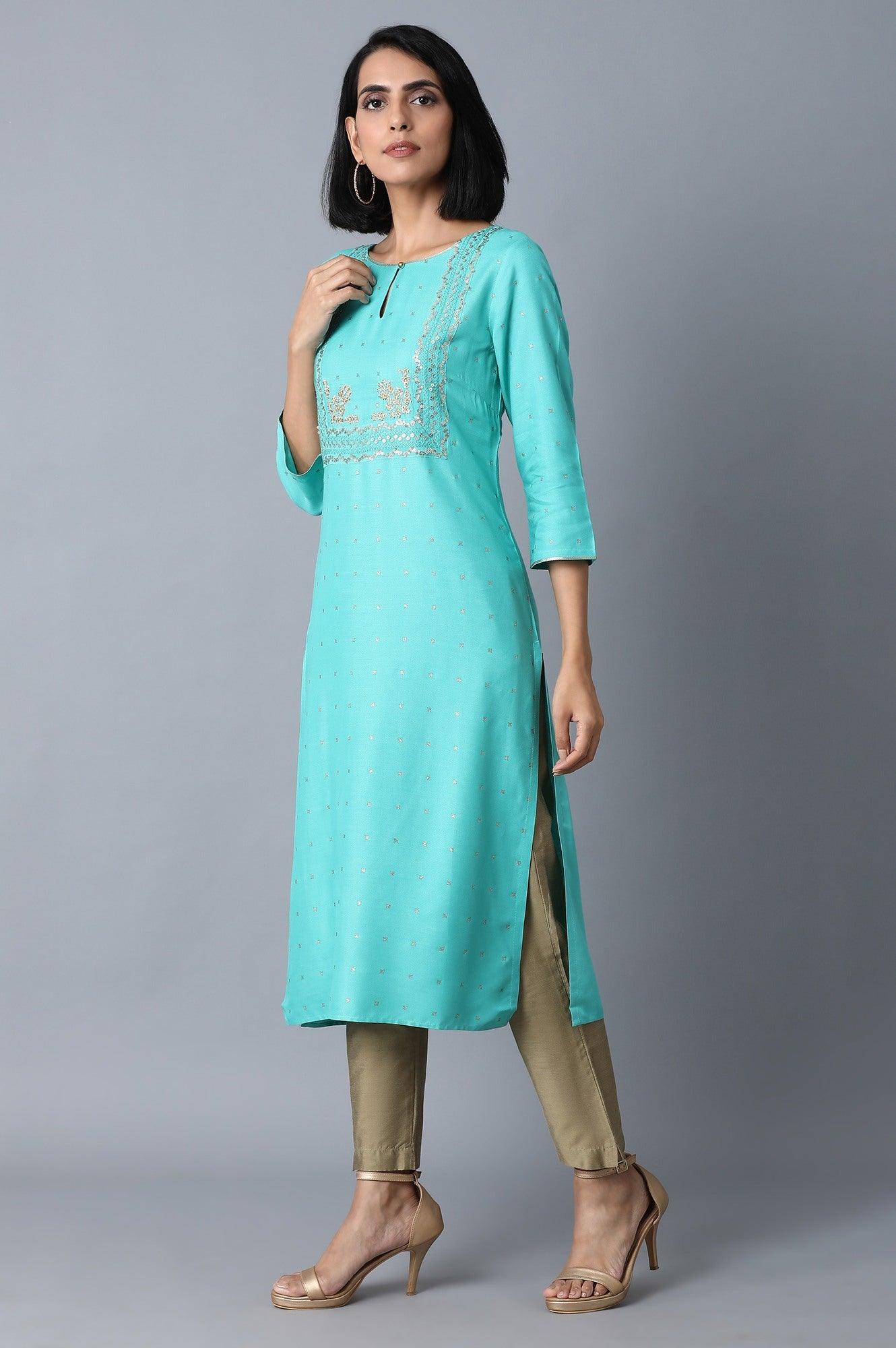 Green Glitter Printed kurta - wforwoman