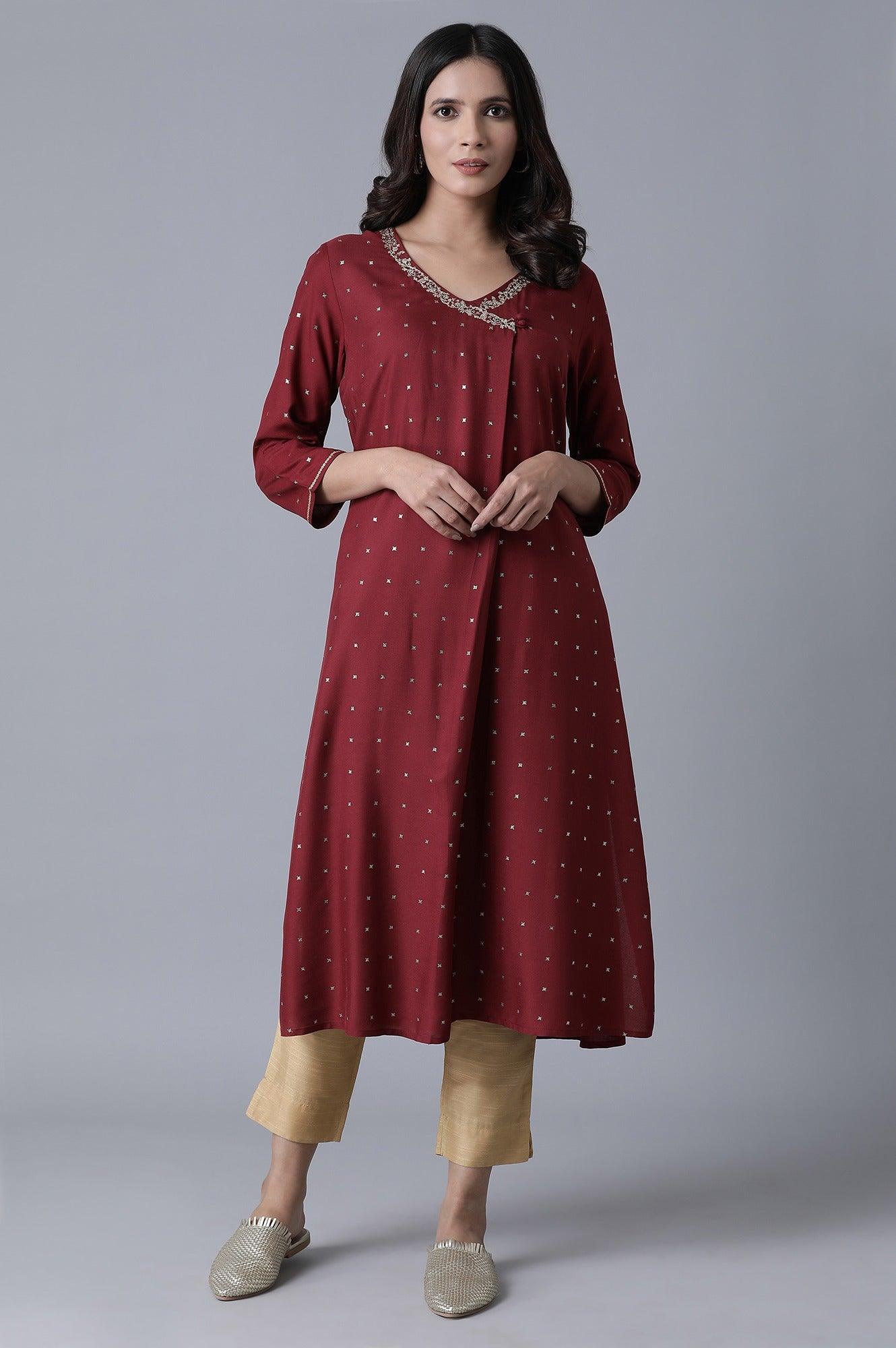 Maroon Glitter Printed kurta - wforwoman