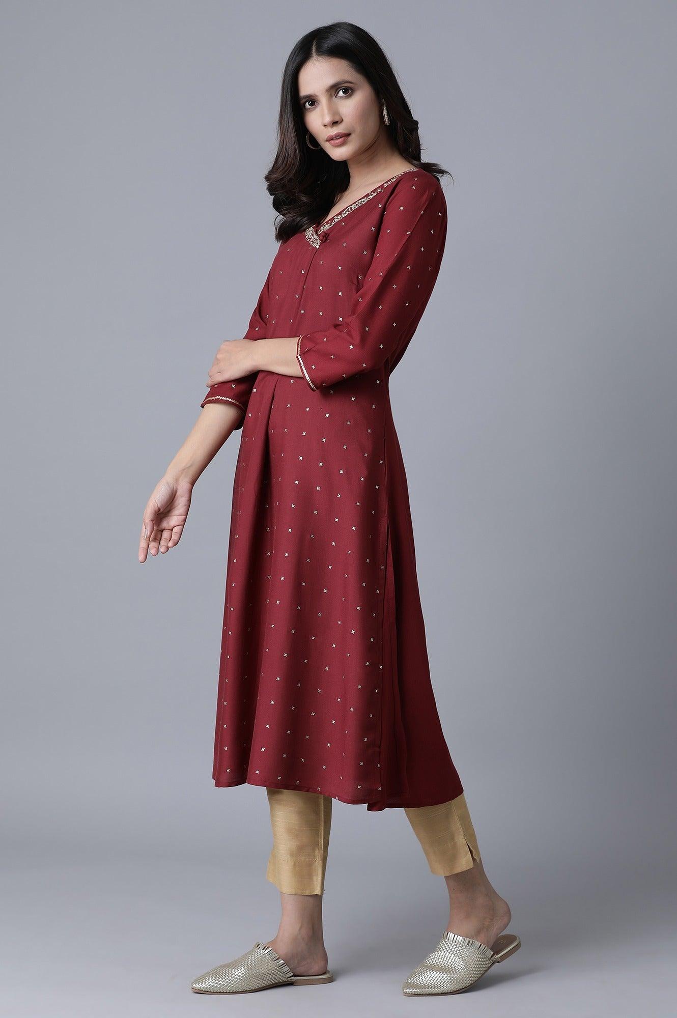 Maroon Glitter Printed kurta - wforwoman