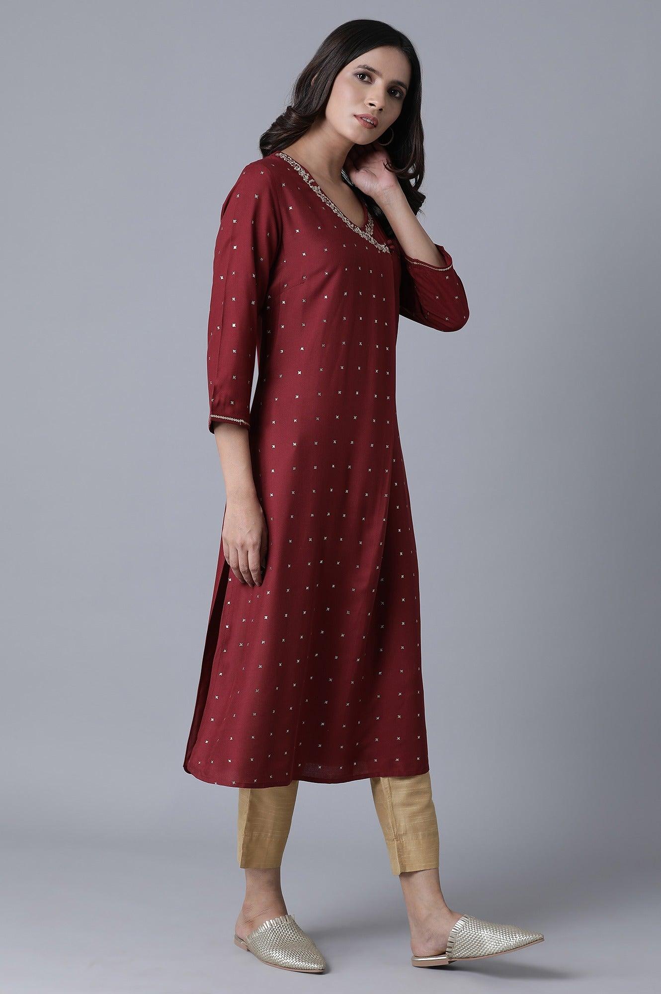 Maroon Glitter Printed kurta - wforwoman