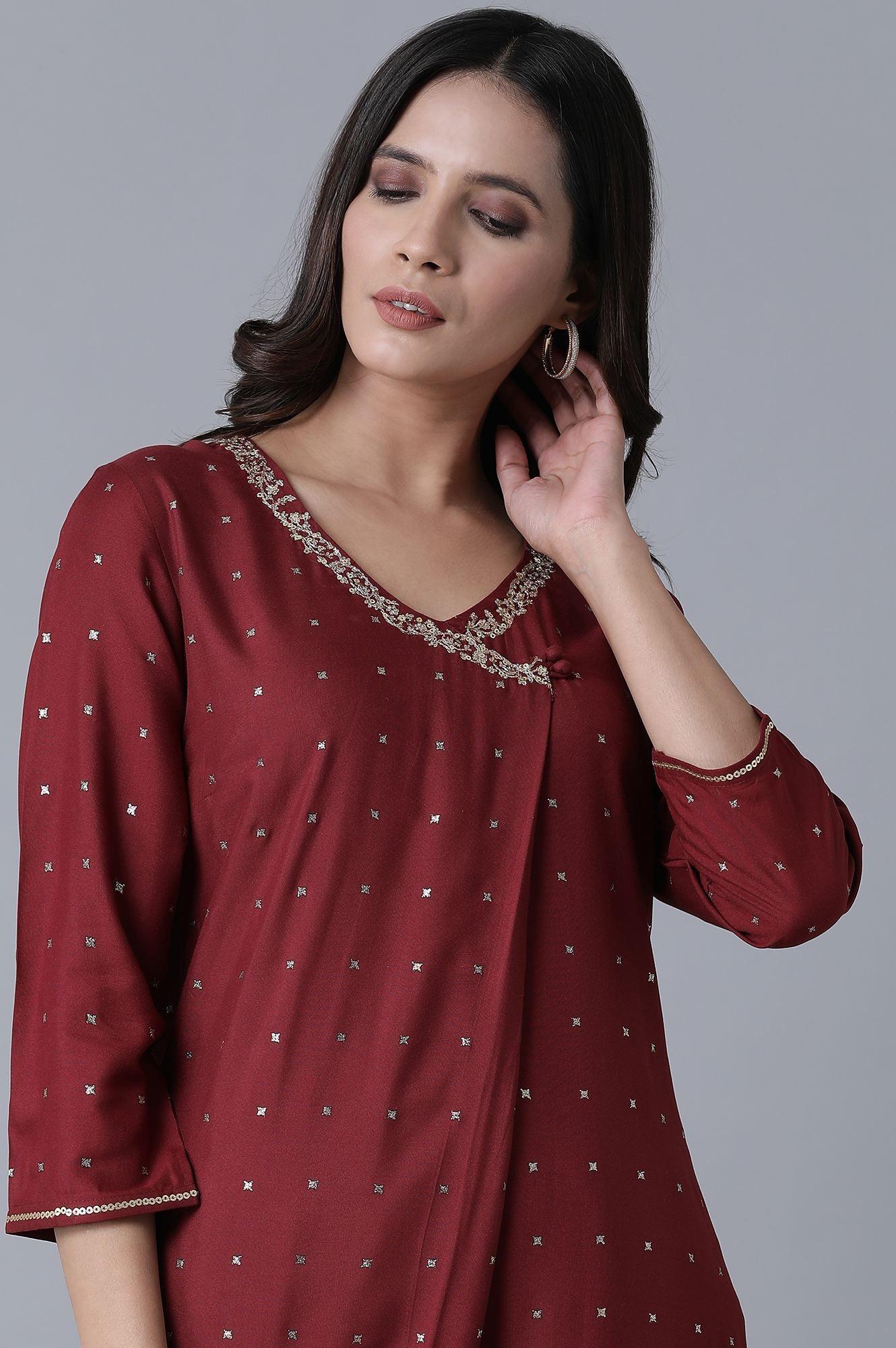 Maroon Glitter Printed kurta - wforwoman