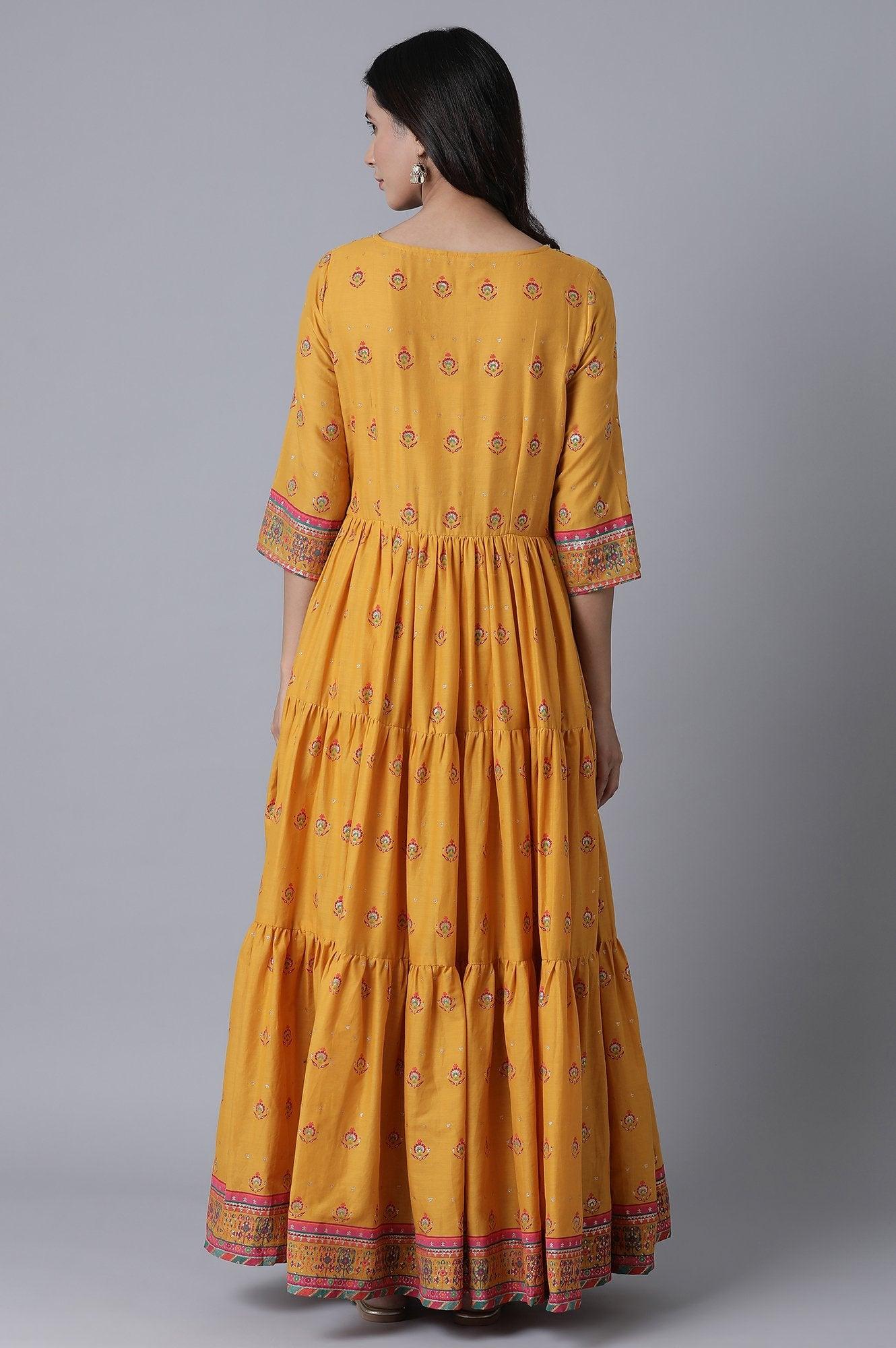 Yellow Printed Tiered Dress - wforwoman