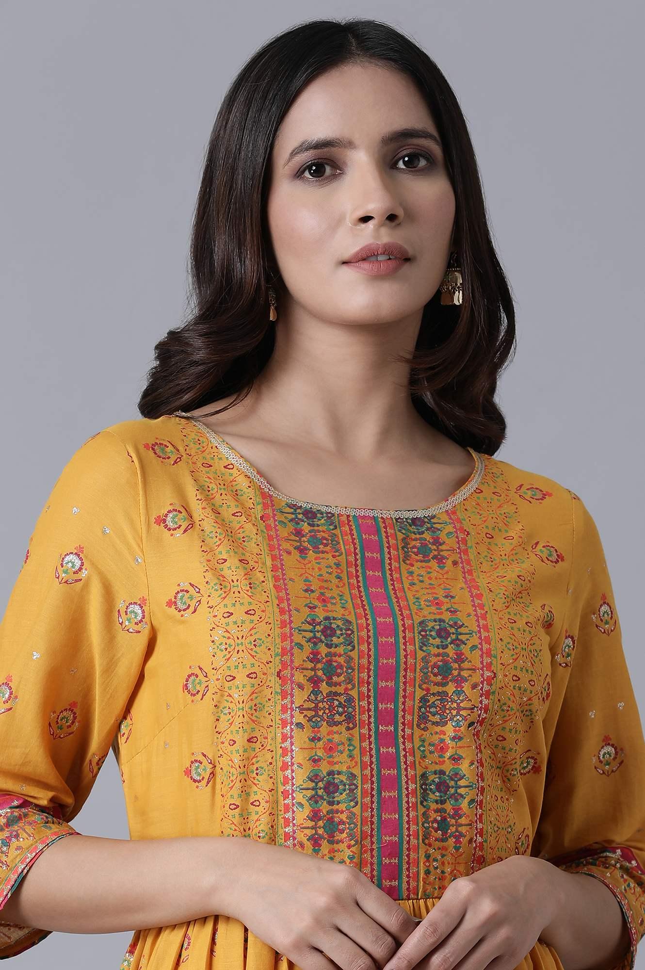 Yellow Printed Tiered Dress - wforwoman