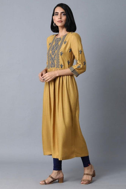 Dark Yellow Embroidered Dress - wforwoman