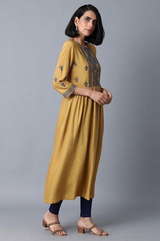 Dark Yellow Embroidered Dress - wforwoman