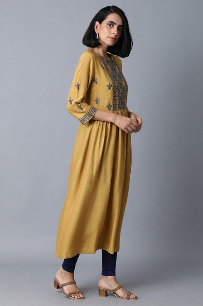 Dark Yellow Embroidered Dress - wforwoman
