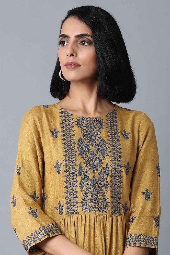 Dark Yellow Embroidered Dress - wforwoman