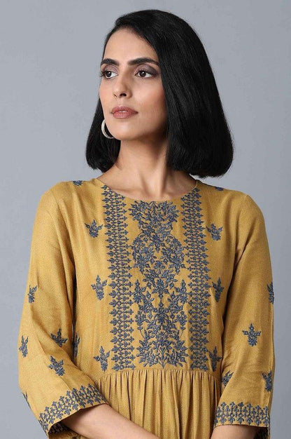 Dark Yellow Embroidered Dress - wforwoman