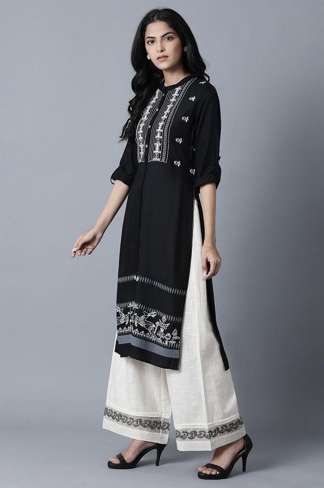 Black Embroidered and Printed Shirt kurta - wforwoman