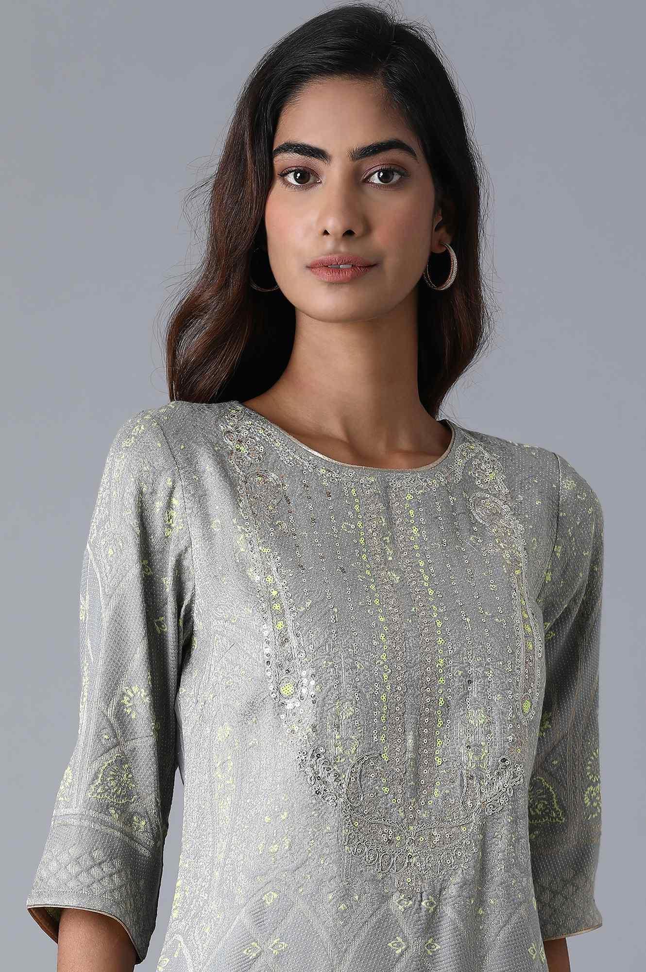 Grey Jacquard kurta - wforwoman