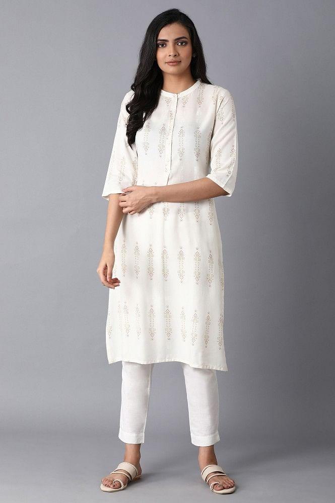 Ecru Printed Straight kurta - wforwoman