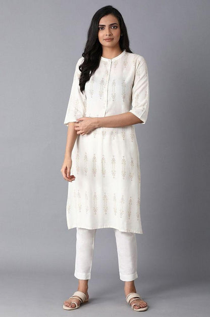 Ecru Printed Straight kurta - wforwoman