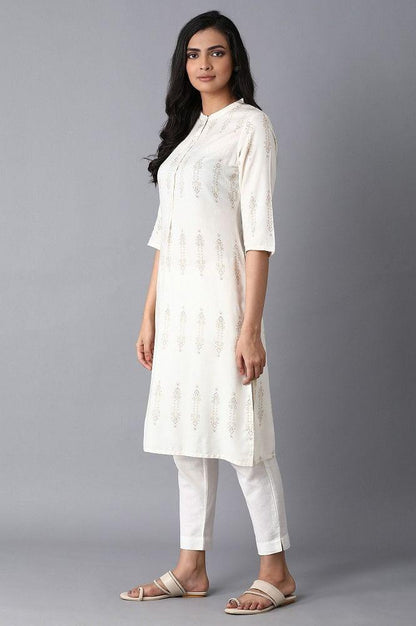 Ecru Printed Straight kurta - wforwoman