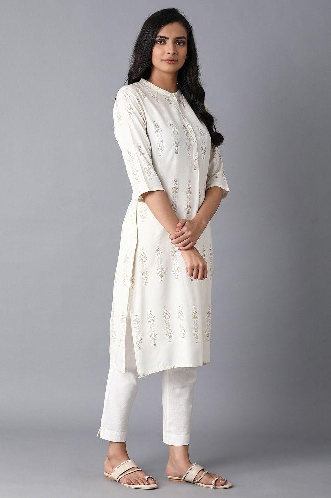Ecru Printed Straight kurta - wforwoman
