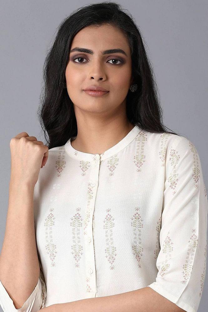 Ecru Printed Straight kurta - wforwoman