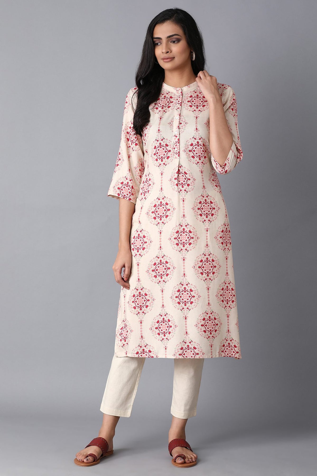 Beige Geometric Straight Rayon Kurta - XS
