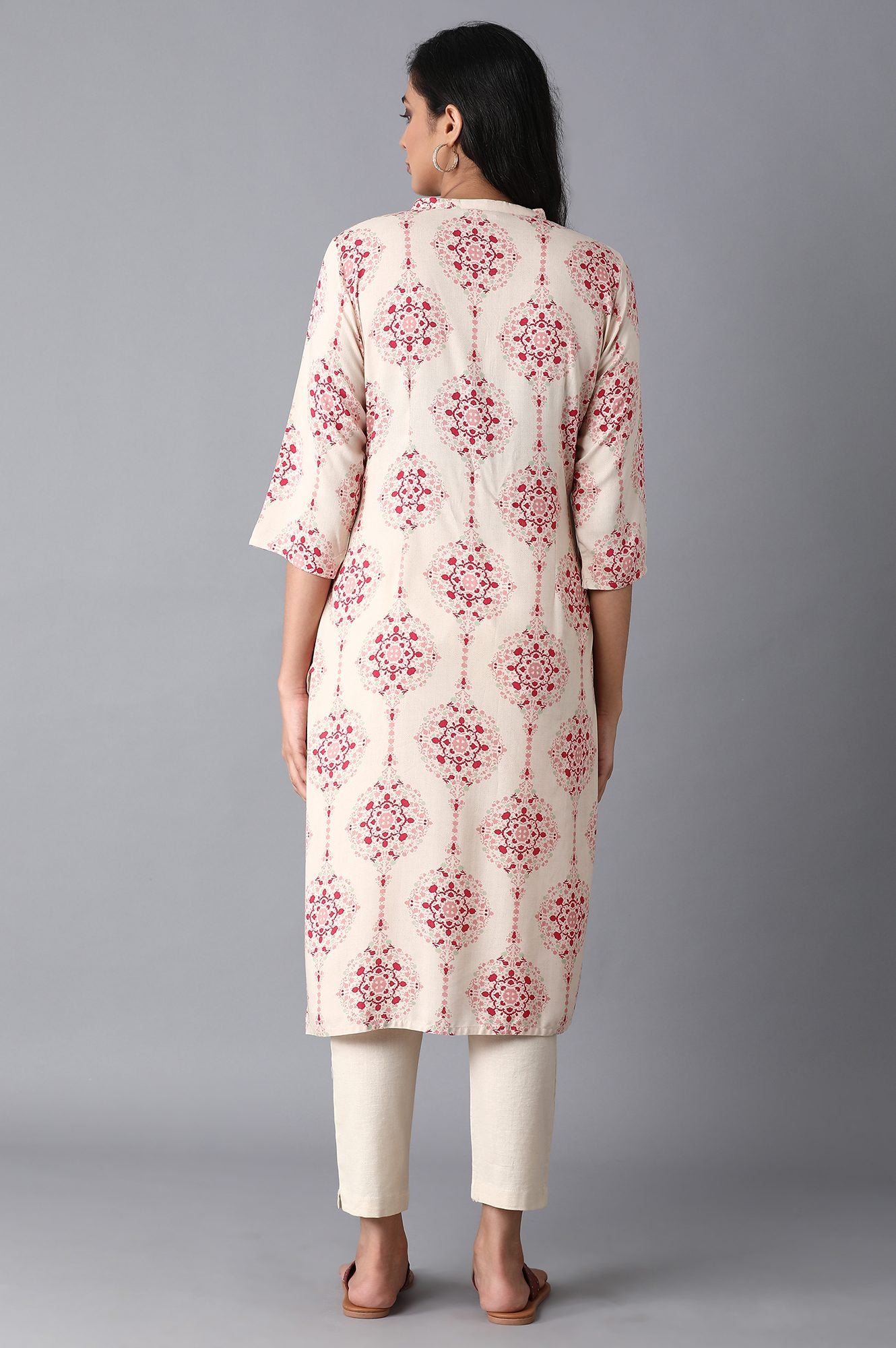 Beige Geometric Straight Rayon Kurta