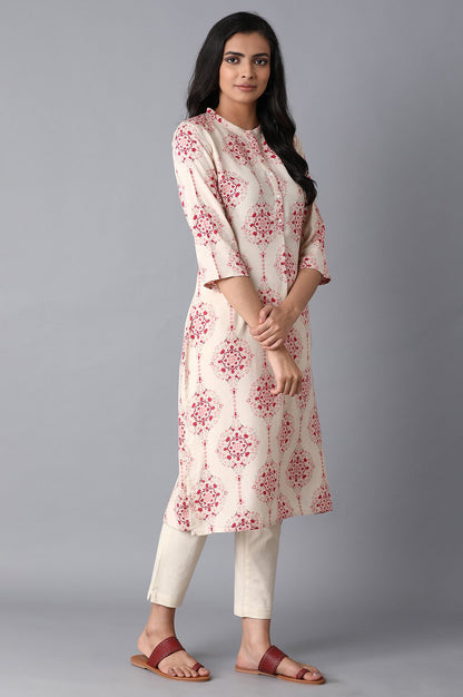 Beige Geometric Straight Rayon Kurta