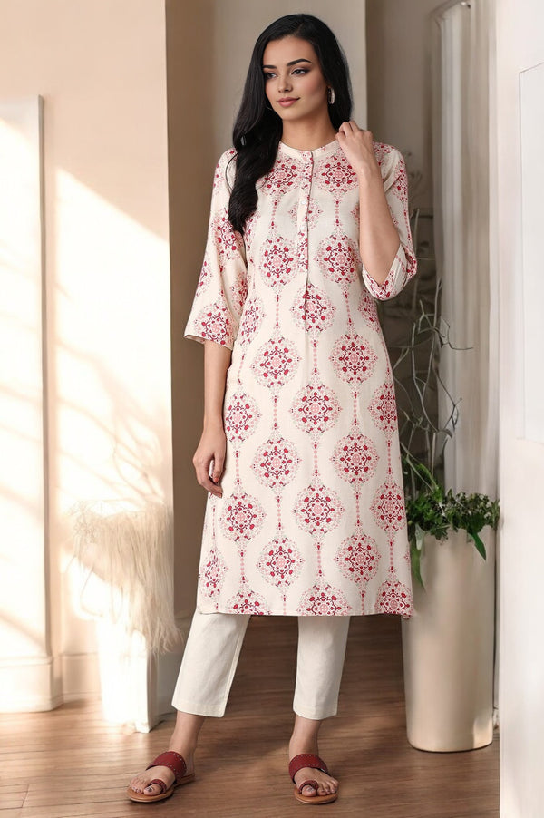 Beige Floral Printed Mandarin Collar Classy Straight Kurta