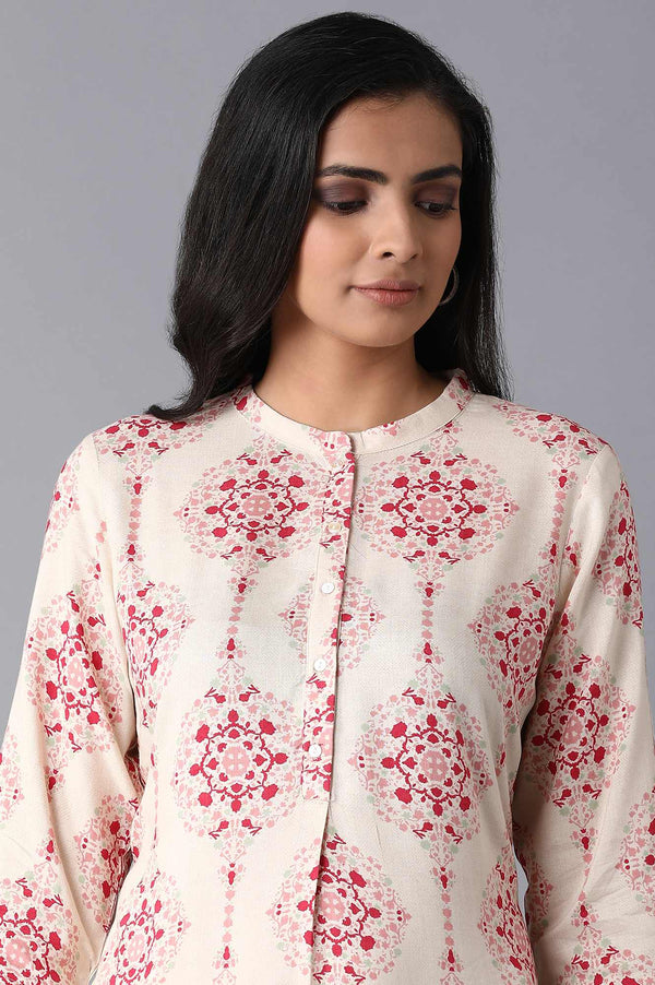 Beige Geometric Printed Rayon Straight Kurta and Slim Pant Set