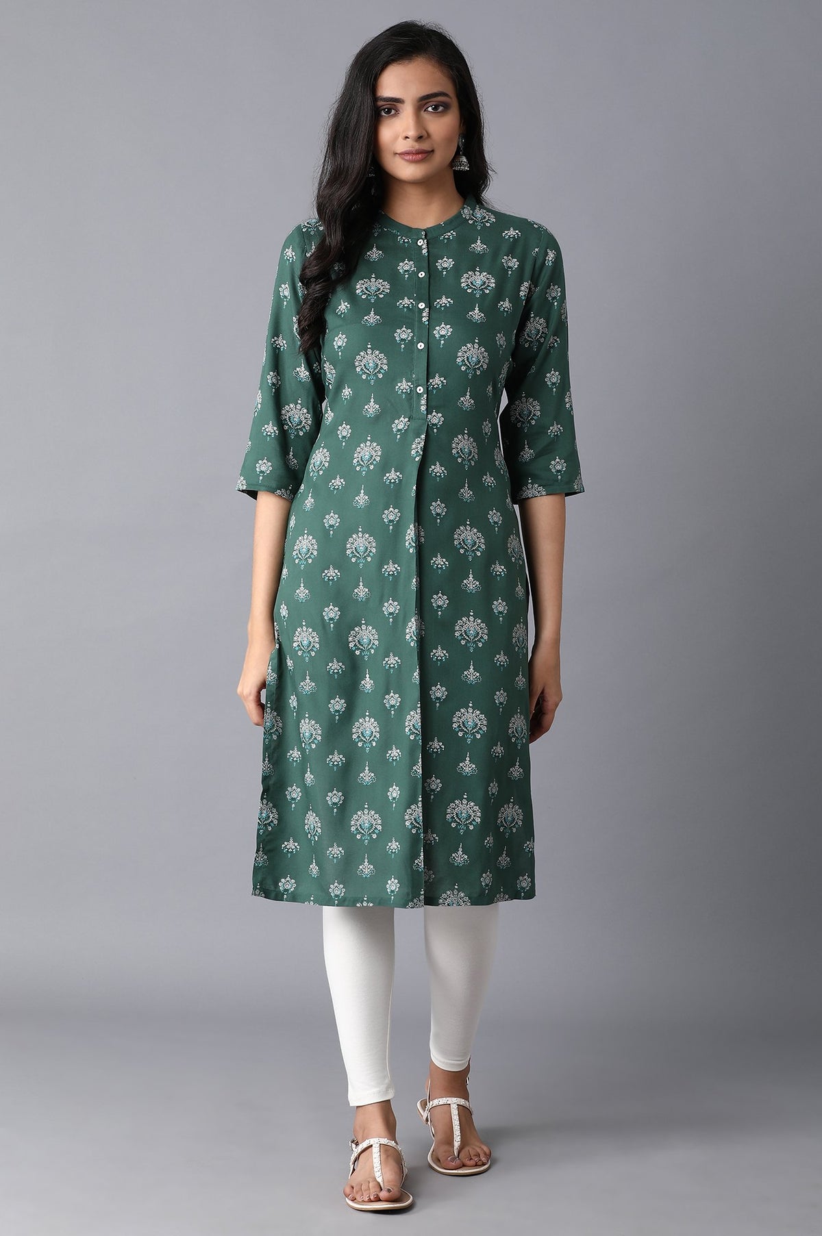 Green Floral Straight Rayon Kurta - XS
