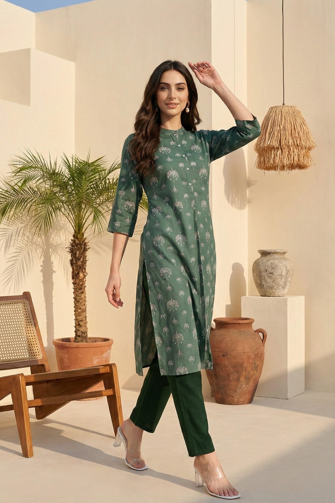 Green Floral Printed Rayon Straight Kurta