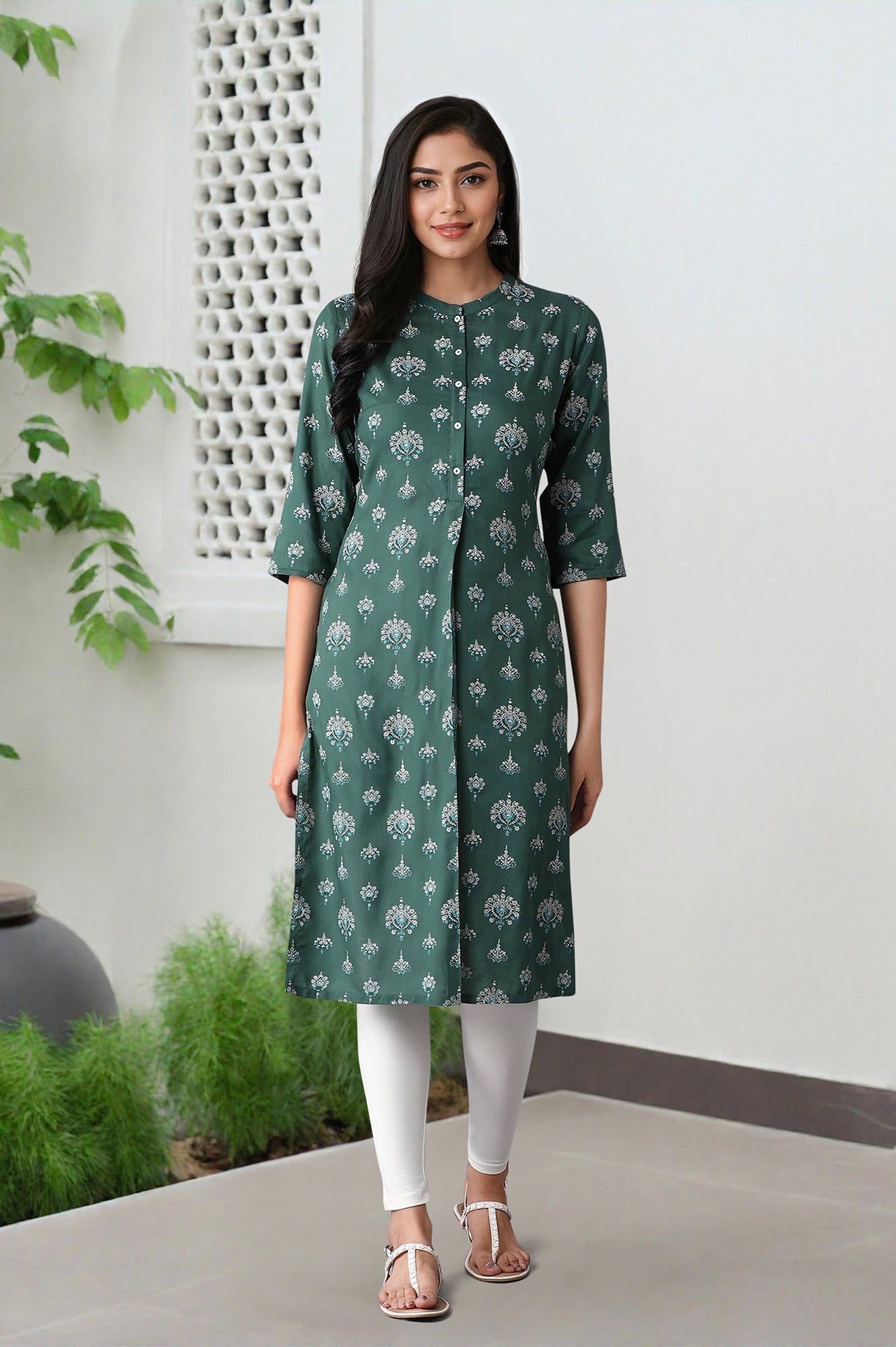 Green Floral Printed Rayon Straight Kurta