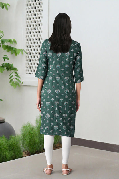 Green Floral Printed Rayon Straight Kurta