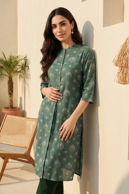 Green Floral Printed Rayon Straight Kurta