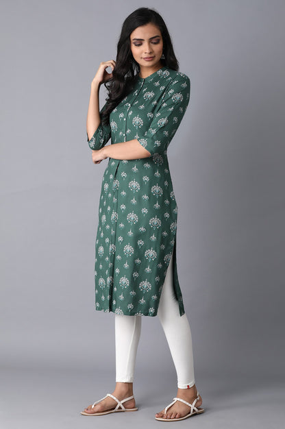 Green Floral Straight Rayon Kurta
