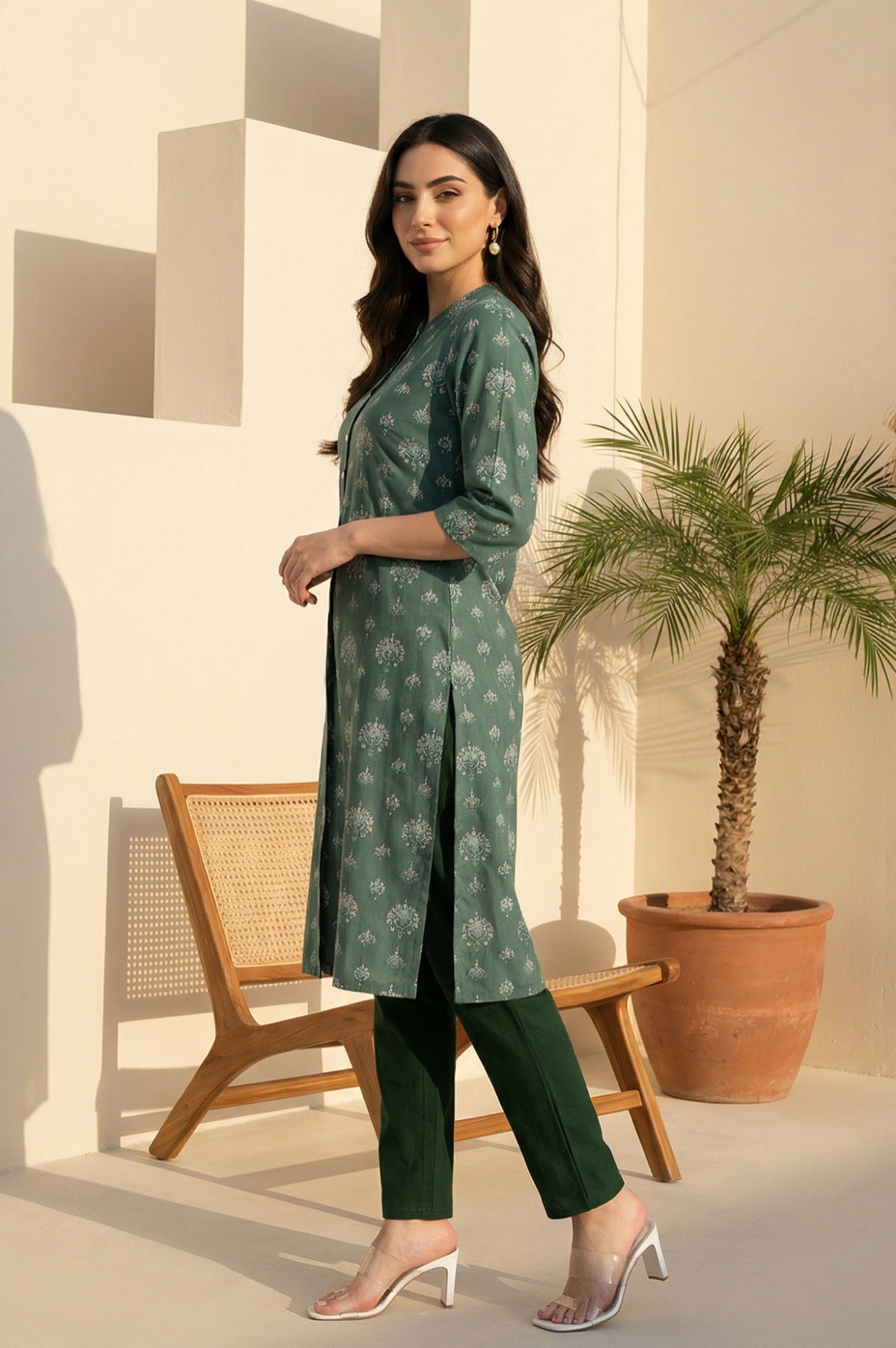 Green Floral Printed Rayon Straight Kurta