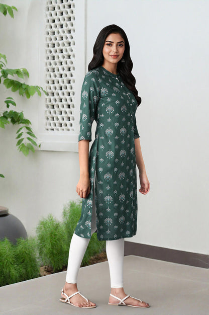 Green Floral Printed Rayon Straight Kurta