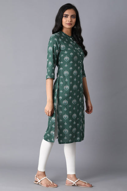 Green Floral Straight Rayon Kurta
