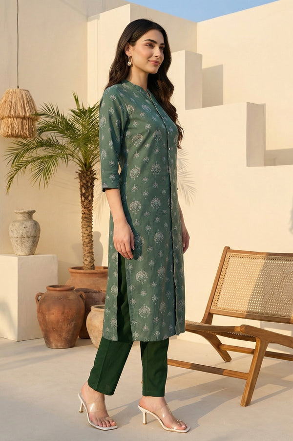 Green Floral Printed Rayon Straight Kurta