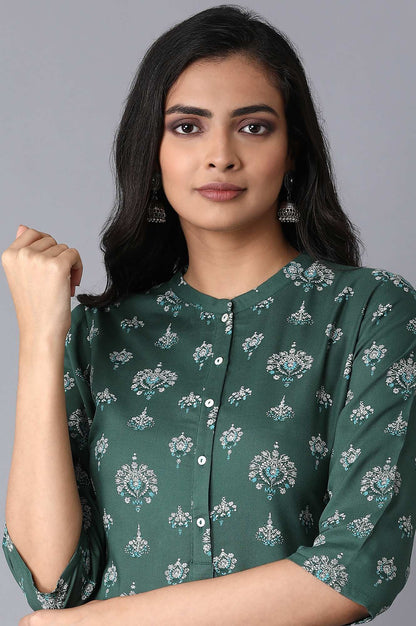 Green Floral Printed Lace Rayon Straight Kurta and Straight Pant Set